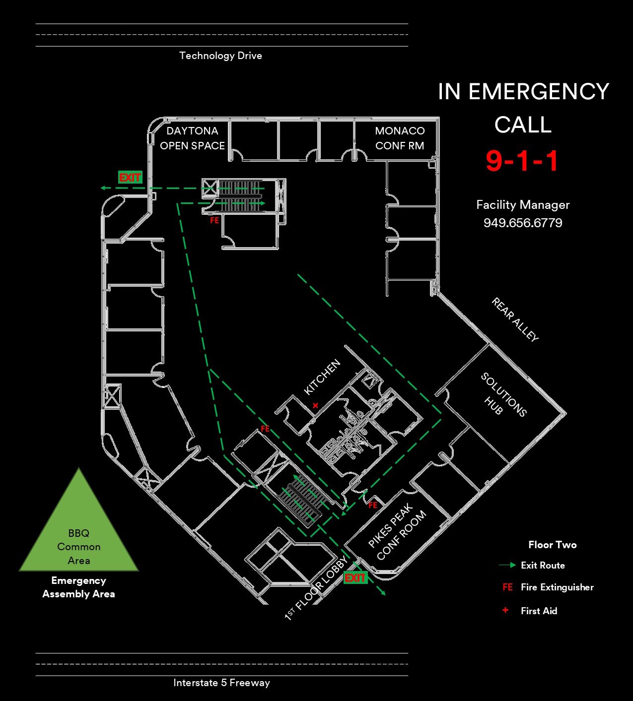 Diagram of Building showing locations of Emergency equipment and Exit routes