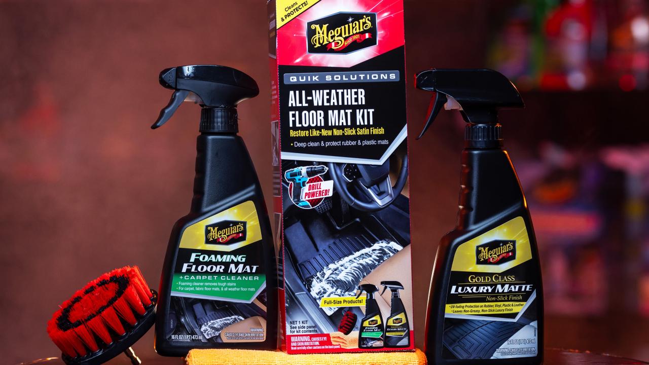 Meguiar's Quik Solutions All Weather Mat Kit with the contents positioned around the box