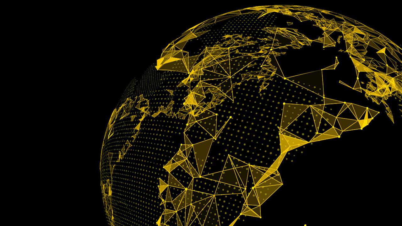 Stylized digital globe showing Africa, Europe, and parts of Asia, rendered in bright gold geometric lines, polygons, and connected nodes against a black background.