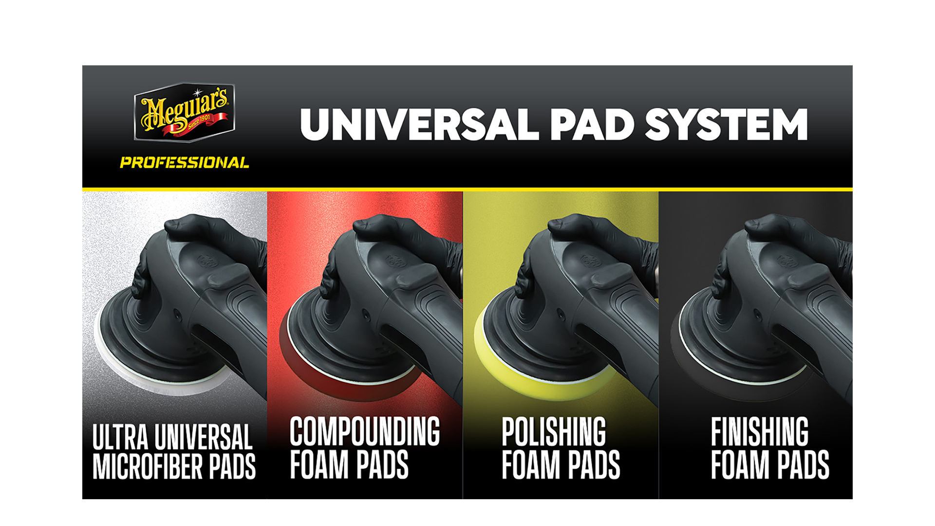 Four buffers each with a different color pad, white, red, yellow, and black indicating Meguiar's Professional Universal Pad System
