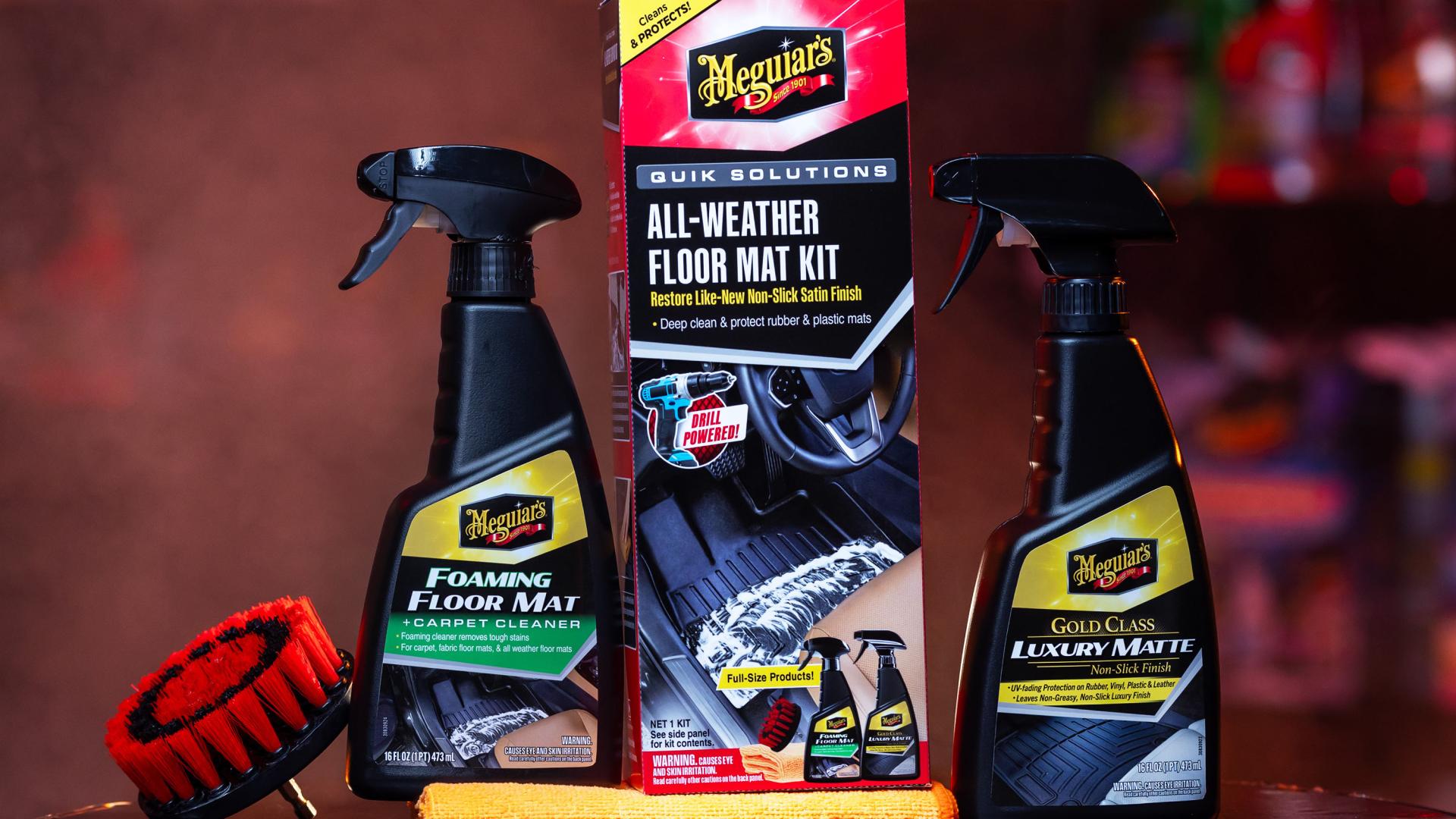 Meguiar's Quik Solutions All Weather Mat Kit with the contents positioned around the box