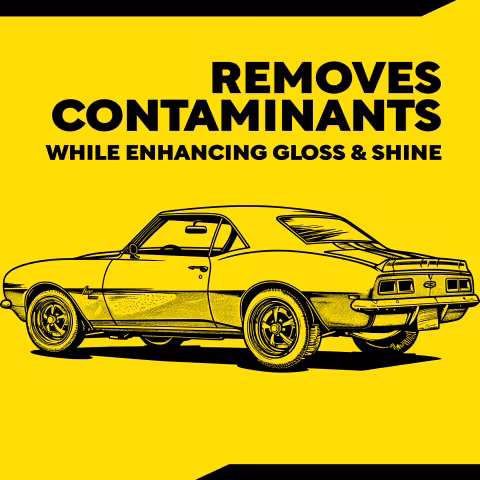 Illustration of a classic muscle car on a bright yellow background. Large text reads “REMOVES CONTAMINANTS” and “WHILE ENHANCING GLOSS & SHINE.” The graphic emphasizes cleaning performance and shine enhancement.