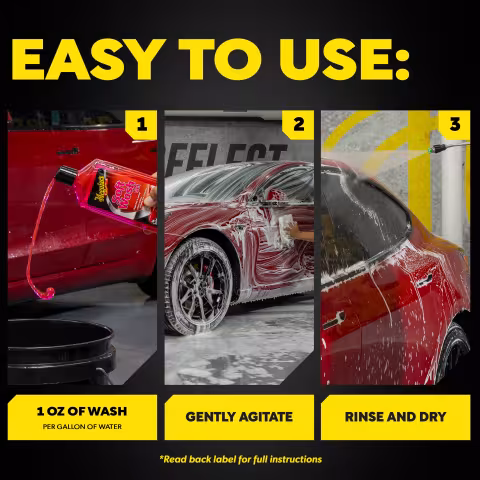 Instructional graphic for Meguiar’s Soft Wash Gel. Header text reads “EASY TO USE:” Step 1: “1 OZ OF WASH PER GALLON OF WATER.” Step 2: “GENTLY AGITATE.” Step 3: “RINSE AND DRY.” Footer text reads *“Read back label for full instructions.”