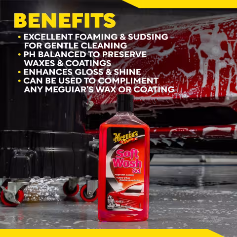 Meguiar’s Soft Wash Gel bottle displayed in front of a sudsy red vehicle. Header text reads “BENEFITS.” Bullets state: “EXCELLENT FOAMING & SUDSING FOR GENTLE CLEANING,” “PH BALANCED TO PRESERVE WAXES & COATINGS,” “ENHANCES GLOSS & SHINE,” and “CAN BE USED TO COMPLIMENT ANY MEGUIAR’S WAX OR COATING.”