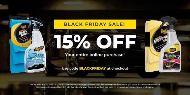 A black friday sale advertisement for meguiarsdirect.com, 15% off, use code BLACKFRIDAY.